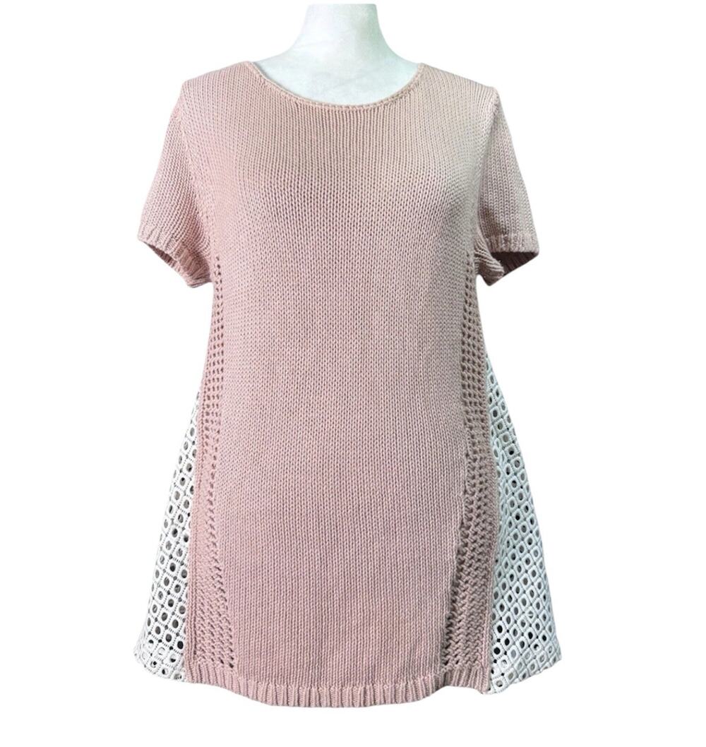 Moth Anthropologie Womens Pale Pink Sweater Tee Crochet Lace Boho Cottagecore S